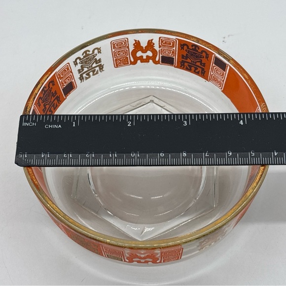 Vintage MCM Jeannette Aztec Inca Orange & Gold Glass Dip Bowls Set of 2 - Picture 8 of 9